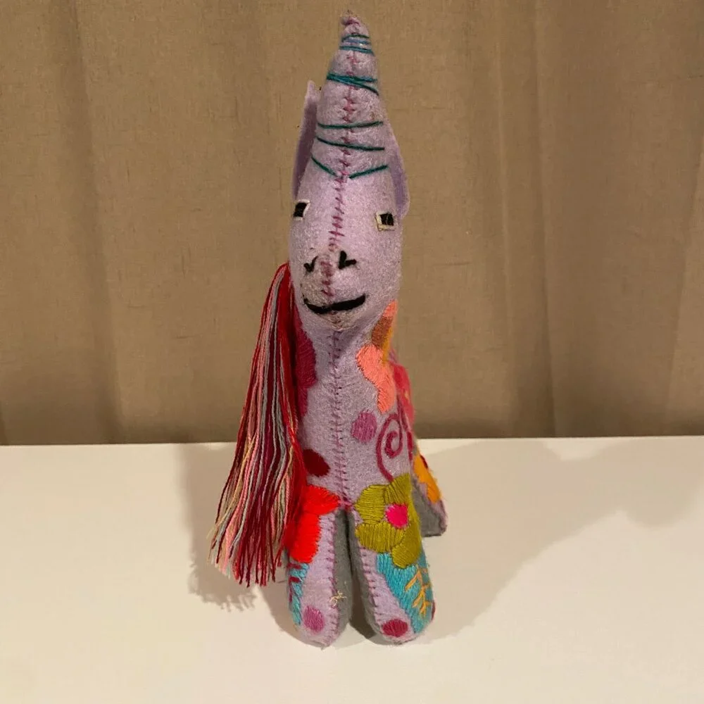 Mexican Felted Folk Art Embroidered Unicorn‎ Plush 11x7 Boho Decor Toy